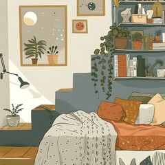 Wall Mural - Cozy Bedroom Illustration with Plants and Bookshelf