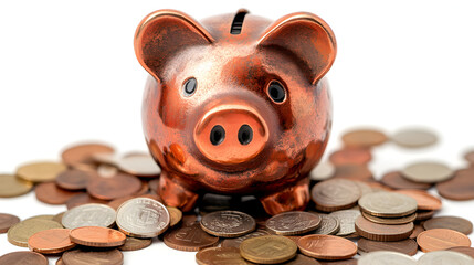 Piggy bank surrounded by coins on a white background symbolizing financial savings and growth