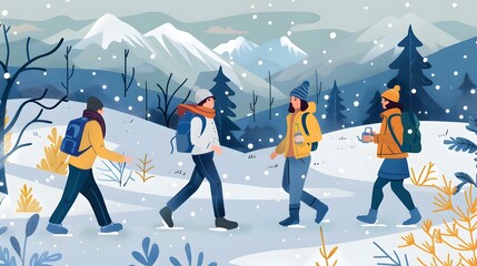 Canvas Print - Winter Hiking Illustration With Four People