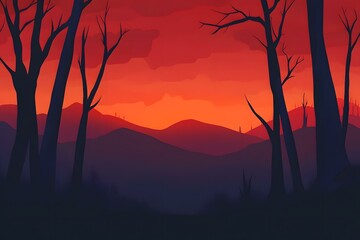 Poster - Silhouette of Trees and Mountains at Sunset