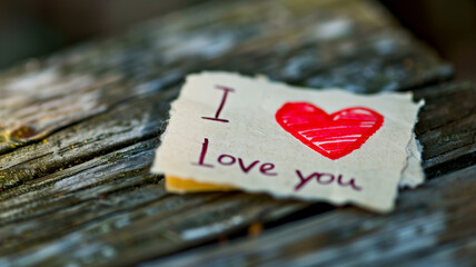 I love you memo or note with a heart shape on the wooden ground in focus