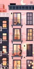 Wall Mural - Woman Standing On Balcony Of Pink Building At Night