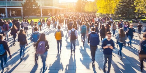 Canvas Print - Crowd of students walking through a college campus on a sunny day, motion blur