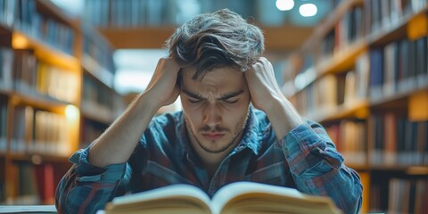 Poster - student man have anxiety because of exams, male prepare for test and learning lessons in the library. stress, despair, haste, misunderstanding reading, discouraged, expectation, knowledge, tired 