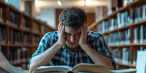 Canvas Print - student man have anxiety because of exams, male prepare for test and learning lessons in the library. stress, despair, haste, misunderstanding reading, discouraged, expectation, knowledge, tired 