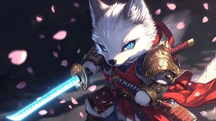 Chibi Wolf Samurai in Red and Gold Armor Wielding Glowing Katana with Sakura Petals