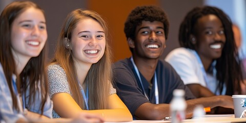 Canvas Print - A group of students attending an international conference, showcasing the global exchange of ideas and academic research. 