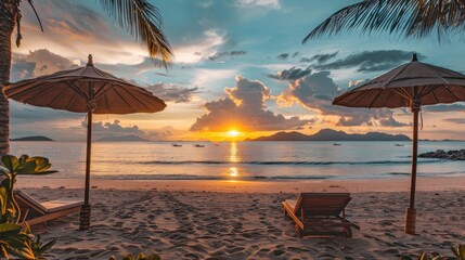 Wall Mural - Sunset Beach Relaxation with Umbrellas