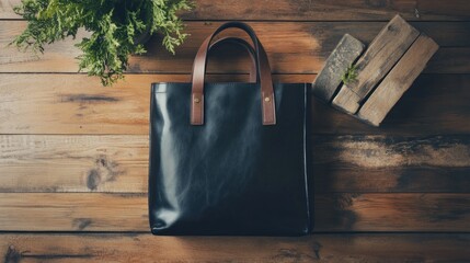 Sticker - Black Leather Tote Bag on Wooden Background