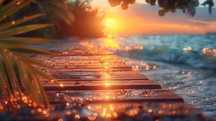 Aufkleber - Sunset Glowing on Wooden Path Leading to Ocean