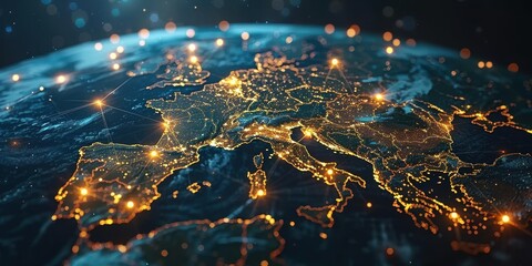 Poster - A Nighttime View of Europe with Illuminated Cities and Network Connections