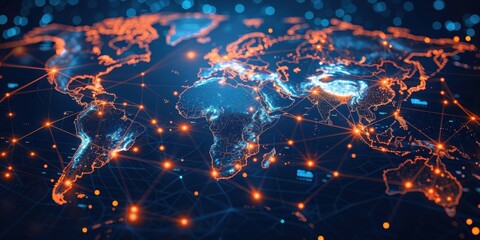 Poster - Global Network Connections Illustrated by World Map with Orange and Blue Lights