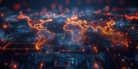 Aufkleber - A Digital World Map with Orange Glowing Lines
