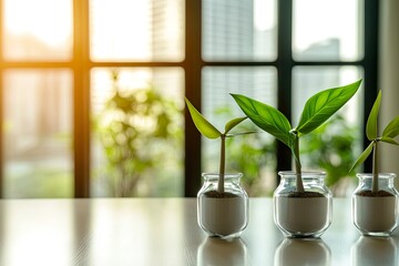 Canvas Print - Three small plants in jars on a table with a bright window view in the background.