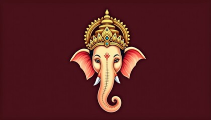 Lord Ganesha's face depicted in a traditional Indian miniature painting style, isolated on a deep maroon background.