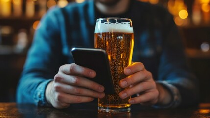 Poster - Man reads message on phone while drinking beer.