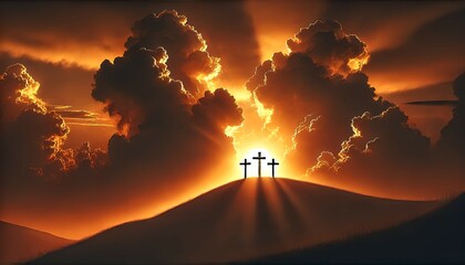 Wall Mural - A dramatic landscape featuring three crosses on a hill silhouetted against a radiant sunset, with the sun's rays breaking through thick, dark clouds