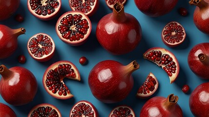 Ripe whole pomegranates and pomegranates cut in half. Bright red juicy pomegranates shimmer in the light