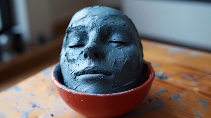 Wall Mural - A view of a diy mask made of blue bentonite plaster in a little red bowl