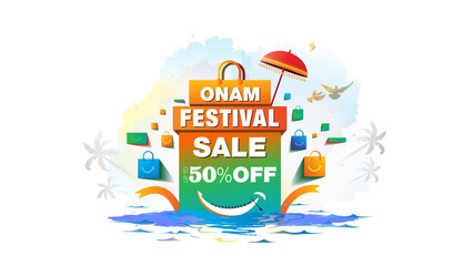 Sticker - Vector illustration for Onam festival sale offers shopping bag with snake boat and river background.