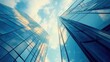 © DREAMERLYN STUDIO - Glass buildings reflecting the sky with tech-inspired graphics, creating a sleek and modern business backdrop.