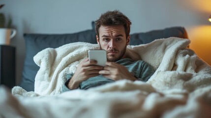 Wall Mural - Man in bed with smartphone and illness.