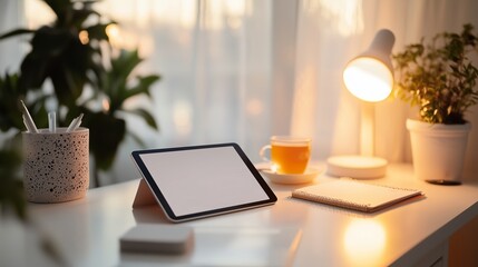 Aufkleber - Cozy workspace featuring tablet, tea, and plants during warm afternoon light with natural curtains