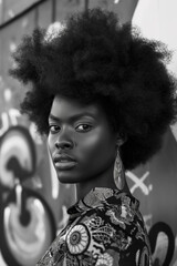 Wall Mural - A woman with a black afro poses for a photo in front of a graffiti wall