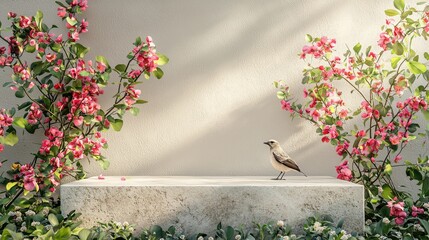 Serene Bird Perched on Stone Bench Amidst Blooming Pink Flowers in Sunlit Garden