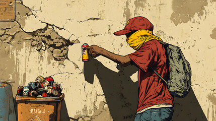 A young man in a red shirt and a yellow scarf is spraying paint on a cracked wall.