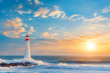 White lighthouse standing strong against ocean waves at sunrise