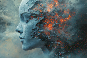 Wall Mural - Abstract digital concept art of a fragmented human head profile disintegrating into pieces, representing mental health, identity, or transformation