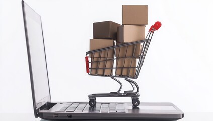 Poster - A miniature shopping cart stands in front of a laptop in an online shopping concept. Stock Illustration