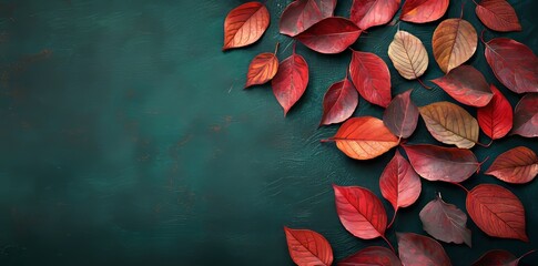 Poster - Background with colored red leaves on a blue slate background. Top view, copy space, Stock
