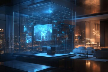 Aufkleber - A modern cozy living room with TV and dining area, with digital hologram effects overlay, generated by AI.