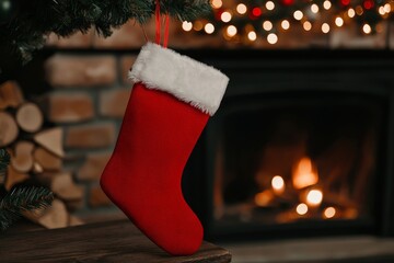 Poster - An illustration of the red Santa Claus hat and sock hanging under the Christmas tree in the house. Create the illustration using Adobe Illustrator.