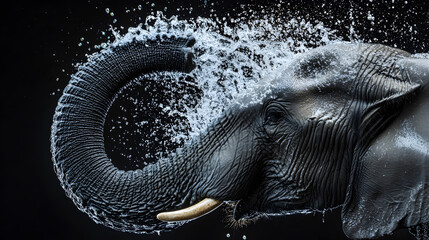 Wall Mural - Majestic Elephant Spraying Water from Its Powerful Trunk in the African Wilderness