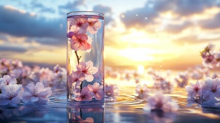 Canvas Print - : Stock photo of cosmetic jar and bottle with blossom flowers petals on mirror with sky in reflection