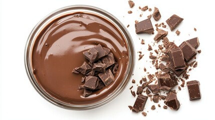 Poster - Chocolate bar broken into pieces in a bowl of melted chocolate on a white background: Stock photo