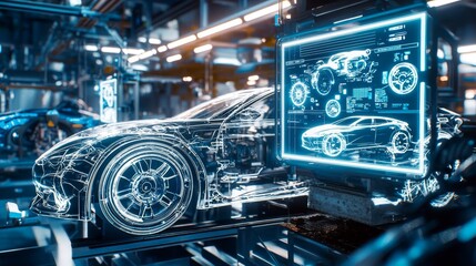 Leinwandbilder - Concept image of electric vehicle technology industry with futuristic graphics and touch interface on screen and blurred background of auto repair garage: Stock Photo
