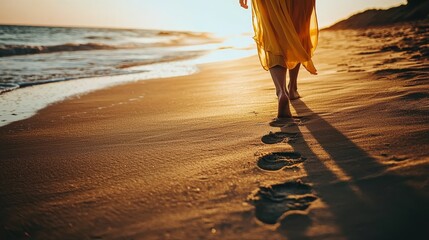 Canvas Print - Female tourist on summer vacation wearing beautiful yellow dress walking by beach at golden sunset, leaving footprints in sand : Stock photo