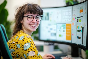 Aufkleber - A picture of a gorgeous lovely successful woman who is sitting at her business agency workstation office indoors for a photo.