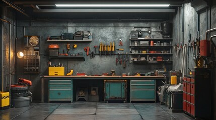 Industrial Garage with Workbench and Tools