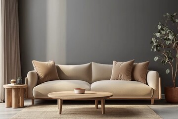 Aufkleber - The interior of a minimalist white living room features a sofa on a wooden floor, decor on a large wall, and a landscape in a white window. Nordic Interior | Scandinavian Interior poster mock up,