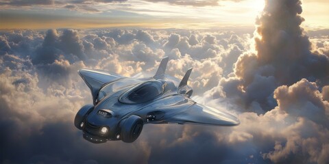 Wall Mural - Futuristic aircraft flying through clouds.