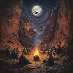 Witch s Coven Chanting Ancient Spells Around Blazing Campfire in Remote Western Canyon Under Full