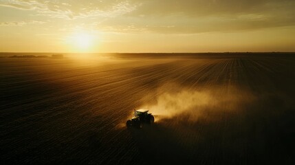 Aerial view of a tractor spraying pesticides on a green soybean plantation at sunset. The image was generated using stock