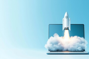 Poster - Innovate and be creative. Rocket coming out of laptop screen, background. Stock image