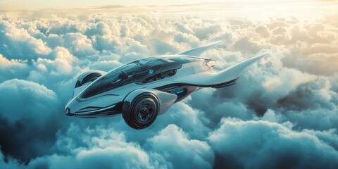 Wall Mural - Futuristic car flying above clouds.