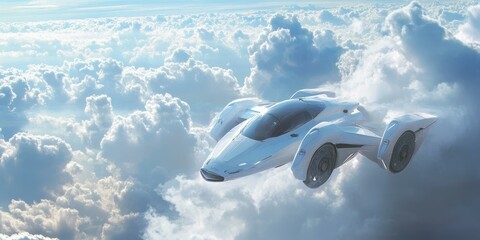 Wall Mural - Futuristic white vehicle flying over clouds.